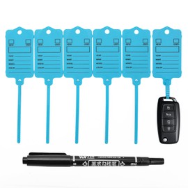 100 Car Key Tags with Labels Plastic Car Dealership Key Tags Self Locking Automotive Identifiers Blank Shop Labels with One Pen (Blue)