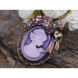 Alilang Vintage Inspired Rhinestone Victorian Lady Cameo Brooch Pin Flower Ribbon Bow Pendant Lavender Purple