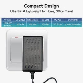 UL Listed 24V 0.5A 500mA DC Power Supply Adapter, 24V AC Adapter 100-240V to 24 Volt 0.5 Amp 6ft Long Power Supply Cord with 5.5mm x 2.1mm & 8 Adapter Tips