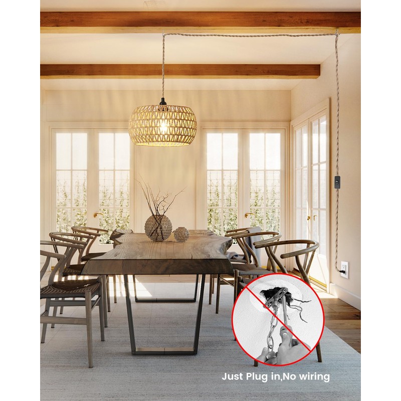 Rattan Boho Hanging Light,12.6'' Natural Hand Woven Fabric Drum Light,Plug