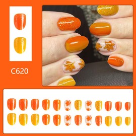 Fall Yellow Press on Nails Short Oval Orange False Nails Bling Fake Nails with Maple Leaves Designs Glitter Artificial Nails Glossy Full Cover Acrylic Glue on Nails Autumn Stick on Nails for Women