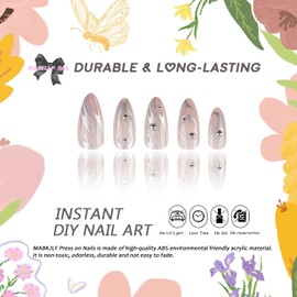 Press on Nails Medium Almond MABKJLF Fake Nails Nude Full Cover False Nails with Silver Grey Flame Designs Y2k Acrylic Nails Glossy Glue on Nails Handmade Artificial Nails for Women Girls 24Pcs