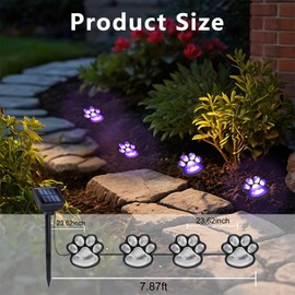 Blunem Paw Print Solar Lights - Outdoor Garden Decoration Waterproof, Cat Dog Animal Outdoor Garden (Set of 4), Grave Memorial Gifts, Gifts for Cat Dog Lovers (Purple Lights)