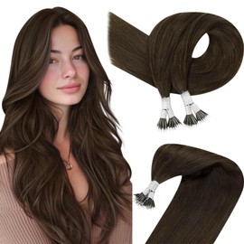 Easyouth Nano Hair Extensions Real Hair Brown Nano Tip Hair Extensions Pre Bonded Nano Human Hair Extensions Cold Fusion Hair Darkest Brown 14inch 50g/50s