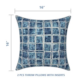 LVTXIII Outdoor Throw Pillows Set of 2, Patio Waterproof Pillows Fade Resistant Accent Pillows for Home and Garden Furniture Decoration, 16x16 Inch, Denim Blue Checkered