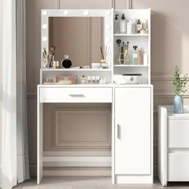 Vanity Desk with LED Light Mirror, Dressing Table with Large Drawer & 3-Tier Storage, Adjustable Brightness 3 Lighting Modes,color: White, size: standard