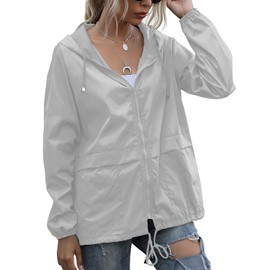 PESION Women's Waterproof Raincoat Lightweight Rain Jacket Hooded Windbreaker Grey White XXL