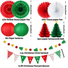 YOVIWEI Christmas Party Decorations - Red & Green Christmas Flag, Xmas Tree Honeycomb Balls Garland Paper Fans Paper Lanterns for Xmas Birthday Winter Party New Year's Eve Home Decor
