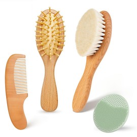 Baby Hair Brush and Comb Set - 4Pcs Toddler Hair Brush with Soft Bristles, Natural Wooden Handle Baby Grooming Kit for Newborns, Baby Essentials, Cradle Cap Brush