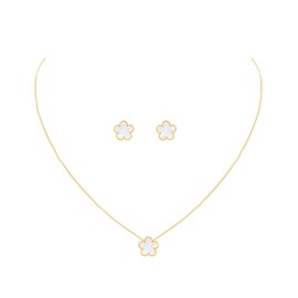 JIEMUCHU Gold Plated Stainless Steel Four Leaf Clover Necklace and Stud Jewelry Set for Women (White-Gold Plated)