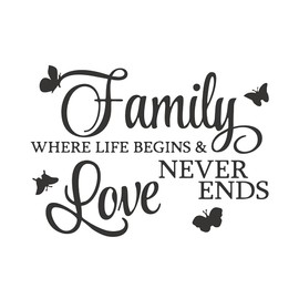 Family Where Life Begins and Love Never Ends Sticker with Butterflies, Removable Vinyl Wall Lettering Decals, Inspirational Wall Art Saying and Quotes Home Decor