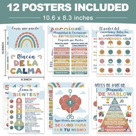 EggSun 12Pcs Spanish Posters for Classroom Calming Corner,Mental Health Spanish Poster Elementary,Calm Down Corner Spanish Educational Posters Affirmations Positive Español Class Decorations(Blue)