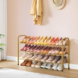 Hoctieon 3 Tier Durable Mesh Style Shoe Rack, Entryway Shoe Shelf, Shoe Rack Free Standing, Shoe Storage Organizer, Shoe Rack for Closet, Gold