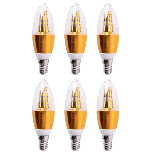 BesYouSel E14 LED Candelabra Base Bulbs 5W Decorative Candle Base 50 Watt Equivalent E14 Candle Lamp for Ceiling Fan Dining Room Home Decor 3000K Warm White AC85-265V Gold Torpedo Shape Pack of 6
