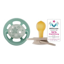 NIP Cherry Round Dummy Night 0-6 Months, Luminous Dummy, from Birth 0+ Months, Nursing Friendly and Sustainable, Glows in the Dark, Pack of 2, Unisex Babies