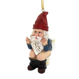 Funny Gnome Christmas Ornament, Inappropriate Hanging Decor for Tree, White Elephant Gift for Adults, 1.75 x 1.2 x 3.3 (Gnome on Toilet)