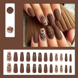 ONPRESS 24 Uñas Postizas Medianas Cuadradas Con Degradado Marrón Y Hojas, Diseño Otoño/Invierno Con Flores, Cobertura Completa, Acabado Mate, Estilo A
