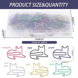 Pack of 100 Cat Paper Clips, Funny Colourful Animal Design Paper Clips, Cute Animal Shape Paper Clips, Cat Bookmarks, Gifts for Women, Men, Cat Lovers