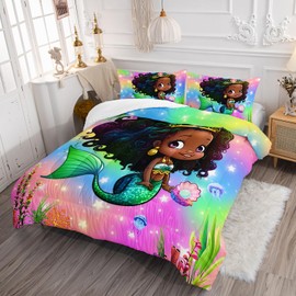AILONEN Mermaid Comforter Set for Kids Girls Twin Size, Cute Black Girl Mermaid Pattern with Ocean Life Bedding Set,Rainbow Bed in a Bag,3 Pieces,1 Quilt and 2 Pillowcases,Soft Microfiber