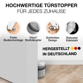 Door Stop for Floor Mounting, Solid Stainless Steel, Diameter 5.4 cm, Height 3.4 cm, Spacer Door Buffers, Wall Protection for Floor Mounting, Floor Door Stopper with Rubber Ring, Made in Germany -