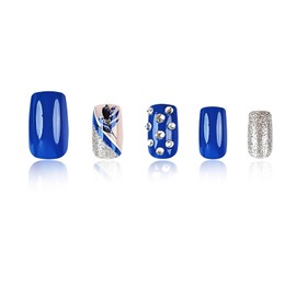 RUOKEXIN Medium Square Press on Nails Blue Fake Nails Glitter False Nails with Rhinestones Designs Spring Artificial Nails Sparkly Glue on Nails Cute Stick on Nails for Women 24Pcs