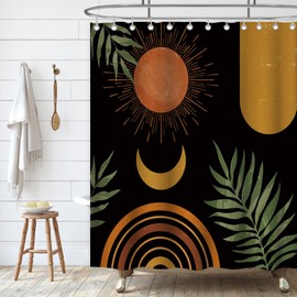 Vintage Boho Shower Curtain for Bathroom with 12 Hooks, Mid Century Abstract Shower Curtain Tropical Plant Bohemian Style, Funny Fabric Curtain for Bathroom Decor 72x72 Inch / 180x180cm Waterproof
