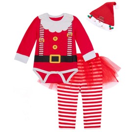 LENSOUS Baby Girls Newborn 1st Christmas Costume Tutu Dress Santa Claus Outfit Set (12-18 Months, Red)