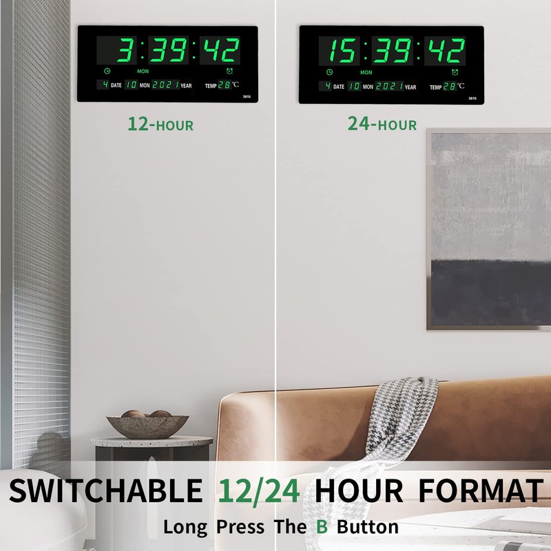 14.1 Inch Oversized LED Digital Wall Clock with Indoor Temperature,