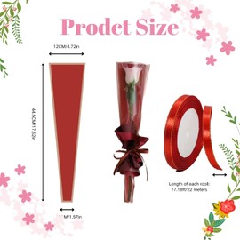 Axvxby Pack of 50 Single Rose Sleeves and a Roll of Red Bow, Rose Packaging Bags, Waterproof Single Flower Packaging Bags with Ribbons (Red & 50 Pieces)