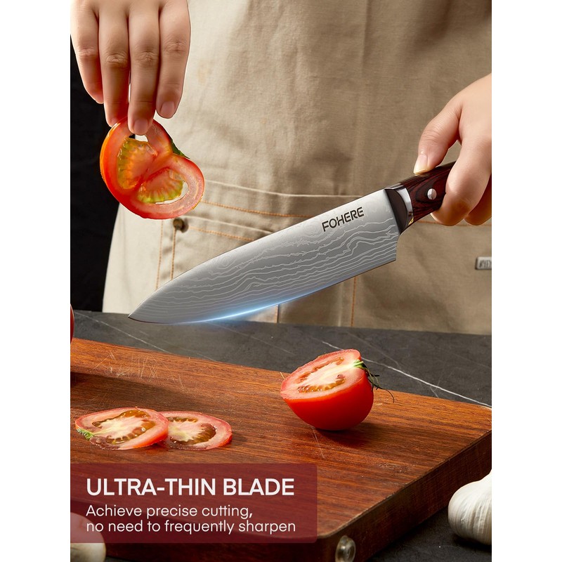 FOHERE Kitchen Knife Set with Ergonomic Red Pakkawood Handle, 5