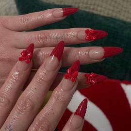 Christmas Red Press on Nails Medium Almond Fake Nails French Tip False Nails with 3D Bow Charms Design Glue on Nails Glossy Full Cover Stick on Nails Xmas Acrylic Nails for Women Manicure 24Pcs