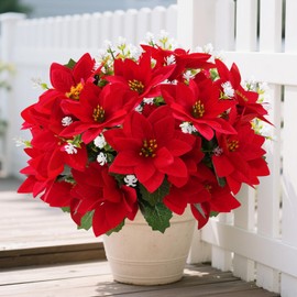 WOBUBU 14'' Poinsettias Artificial Christmas Flowers for Outdoors,12 Bundles Mixed Fake Red Silk Flowers Faux Plastic Plants UV Resistant for Home Garden Porch Patio Outdoor Indoor Decor