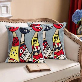Pilmandu Pack of 2 Decorative Square Pillowcase Abstract Art Embroidered Throw Pillows Cover for Couch Farmhouse Patio Garden Sofa Chairs 18x18 Inch (Cut Long Neck Cat)