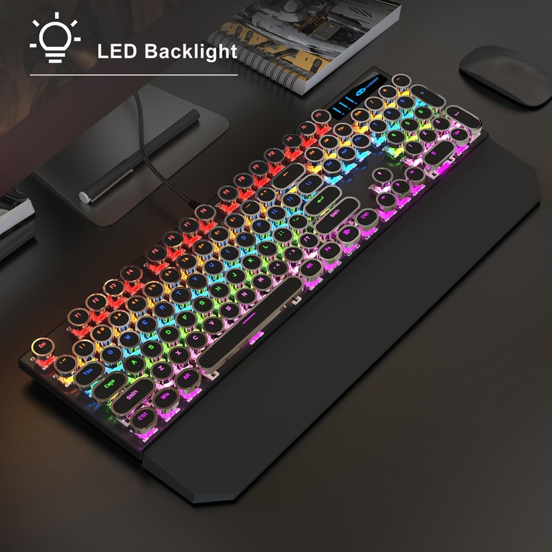 MageGee Typewriter Mechanical Gaming Keyboard, Retro Black Punk Round Keycaps