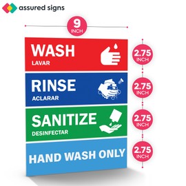 Wash Rinse Sanitize Sink Labels - 2.75" x 9" - Also Includes Hand Wash Only Sign - Ideal Handwashing Signs for 3 Compartment Sink - Perfect Label Stickers for Restaurant, Commercial Kitchen, Food Truck, Bussing Station, Wash Station