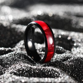 King Will 6mm Tungsten Carbide Rings for Men Women Black Mens Wedding Band with Colorful Shell Inlay Domed Edge Polished Finish Casual Engagement Rings Comfort Size, Red Size 9