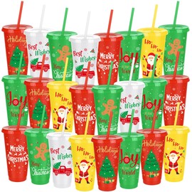 Kochorie 24 Pieces Christmas Plastic Cups 24oz Reusable Plastic Tumbler with Lids and Straws Bulk Christmas Holiday Drinking Cups for Xmas Party Supplies, 6 Designs