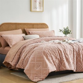 KAKKI Blush Tufted Queen Comforter Set 7 Piece Bed in a Bag, Shabby Chic Boho Comforter and Sheet Set, Soft Microfiber Complete Bedding Set for All Season(Pink, Queen)