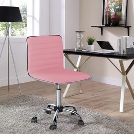 Yaheetech Executive PU Leather Office Chairs Ribbed Armless Task Chairs with Wheels, Adjustable Low Back Swivel Chairs Pink