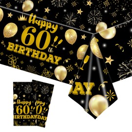 HFBOBP 2 Pack 60th Birthday Tablecloths,54 x 108 inch Disposable Black and Gold Plastic Waterproof Rectangular Table Covers for Men’s Christmas Party Decorations