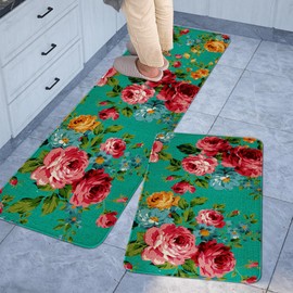 safarsa Kitchen Mats Set of 2 - Non-Slip Washable Rugs, Colorful Decorative Floor Mats, Easy-Clean & Stain-Resistant for Modern Home Decor (17"x30" & 17"x47") Teal Background Roses Floral