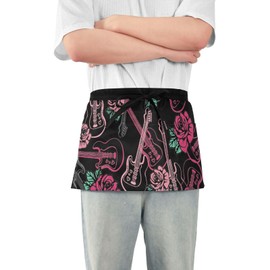 Aflyko Waist Apron Floral Guitar Rose Mexican Short Waitress Server Apron Chef Half Apron Waiter Bartender Waterproof 3 Pockets Apron for Garden Kitchen Restaurant