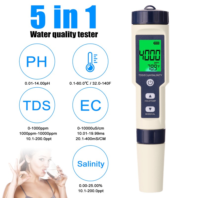 5 in 1 Professional Multi-parameter Combo Testing Meter PH/EC/TDS/Salinity/Thermometer Digital