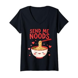 Womens Send Me Noods Funny Noodle Pun Design Playful Asian Humor V-Neck T-Shirt