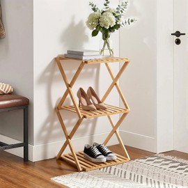 BAMHIGHS 3-Tier Bamboo Folding Shelf, Multi-Purpose Storage Rack for Shoes, Plants, Camping Gear, Entryway, Closet, Bedroom, Hallway & Outdoor Use, Space-Saving Foldable Organizer
