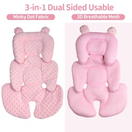 Honeau 3in1 Reversible Carseat Head Body Support Newborn,3D Minnky Infant Car Seat Insert,Extra Soft Breathable Baby Car Seat Pillow Cushion Boys Girls,fit Stroller,Bouncer,Swing(Pink)