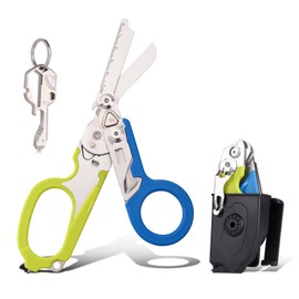 Trauma Shears 6 in1,Outdoor Camping Tools,Trauma Shears Foldable,Emergency Shears,Multi-function Shears,with Strap Cutter and Glass Breaker and Compatible Holster(green-blue)