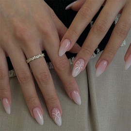 French Tip False Nails - 24Pcs Long Press on Nails Almond - Nude Gradient Fake Nails Almond Pattern with Bowknot - Full Cover False Nails Long Stiletto French nails for Women Girls