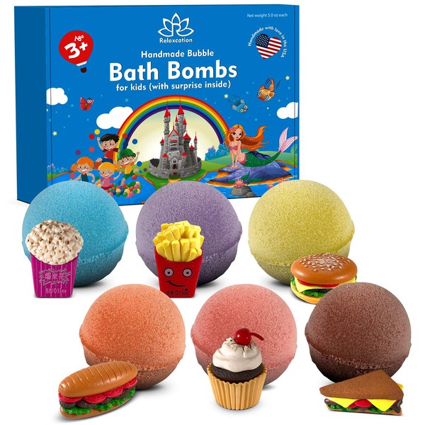 6 Kids Bath Bombs Toys Set for Boys and Girls with Fast Food Surprises Inside - Safe Bath Fizzies for Sensitive Skin and Quality Toys Make Your Kids Happy - Handmade in USA