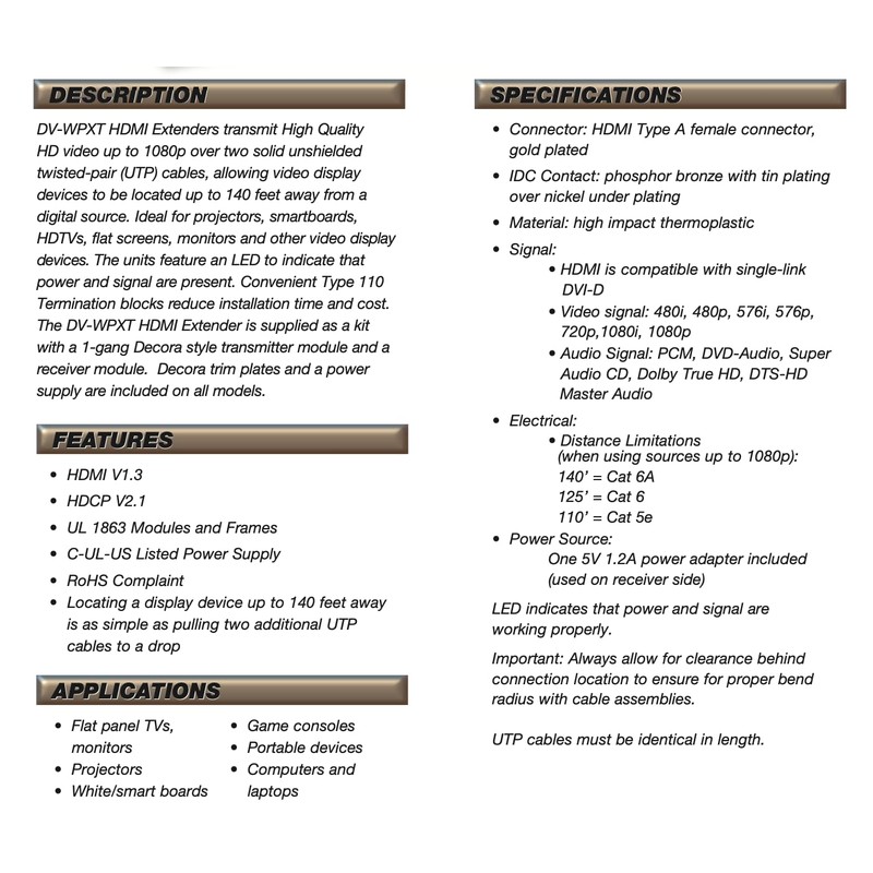 Generic HDMI HD Extender Wall Plate Set Transmitter & Receiver